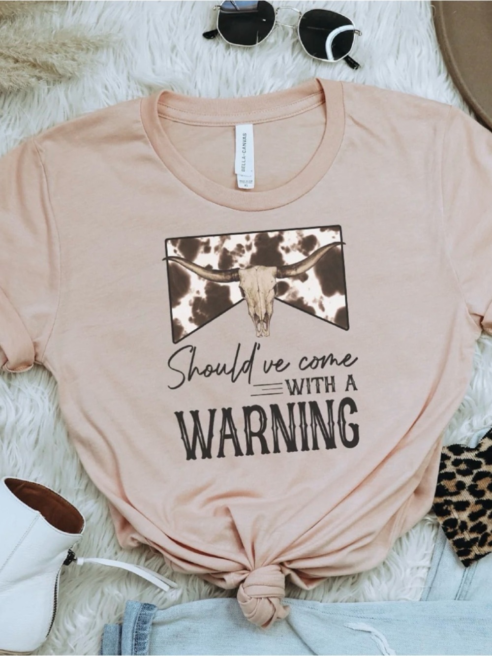 Buckle Peach Graphic Tee with Cow Skull & Warning Text